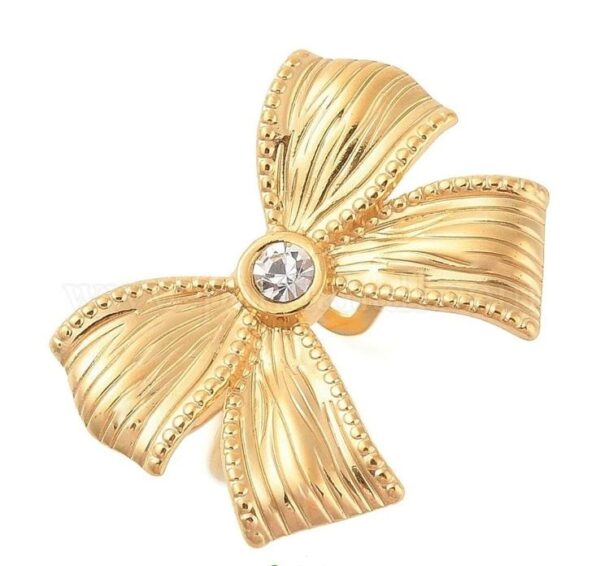 Stainless Steel Bowknot Open Cuff ring+Rhinestone